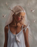 Alexis by Kareen Kalush, a portrait of a young woman with closed eyes, long platinum-blonde hair, a branch behind her ear, and white origami birds against a soft gray background.
