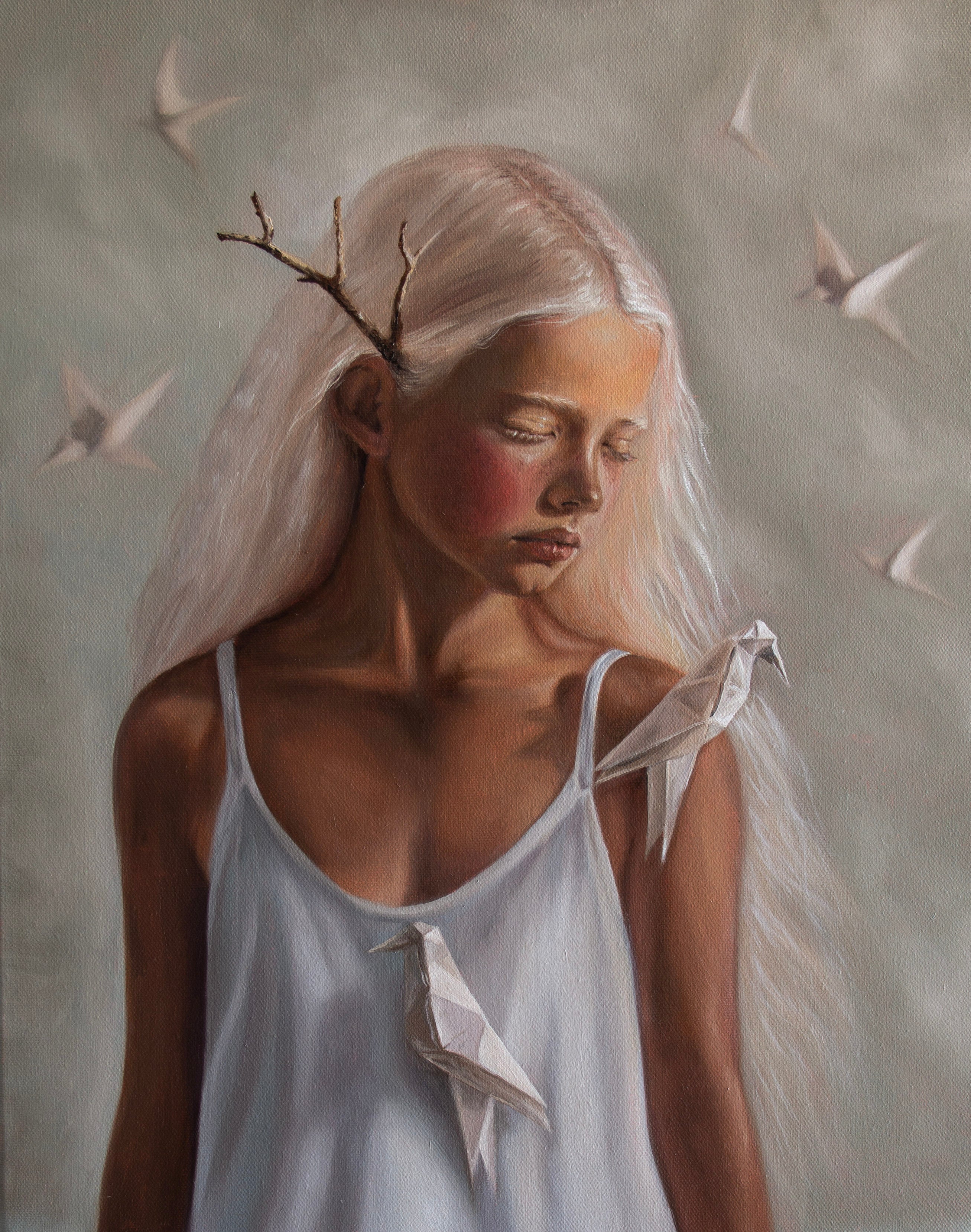 Alexis by Kareen Kalush, a portrait of a young woman with closed eyes, long platinum-blonde hair, a branch behind her ear, and white origami birds against a soft gray background.
