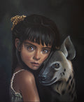 Two beasts one soul, original acrylic painting showing a dark, painterly portrait of a young girl with black hair and a leopard-print hair bow, leaning her head against a spotted hyena on a dark background.