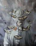 Memories, A surreal painting of a woman seen from behind with long white hair braid and multiple butterflies floating around her head and shoulders against a textured gray background