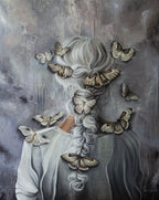 Memories, A surreal painting of a woman seen from behind with long white hair braid and multiple butterflies floating around her head and shoulders against a textured gray background