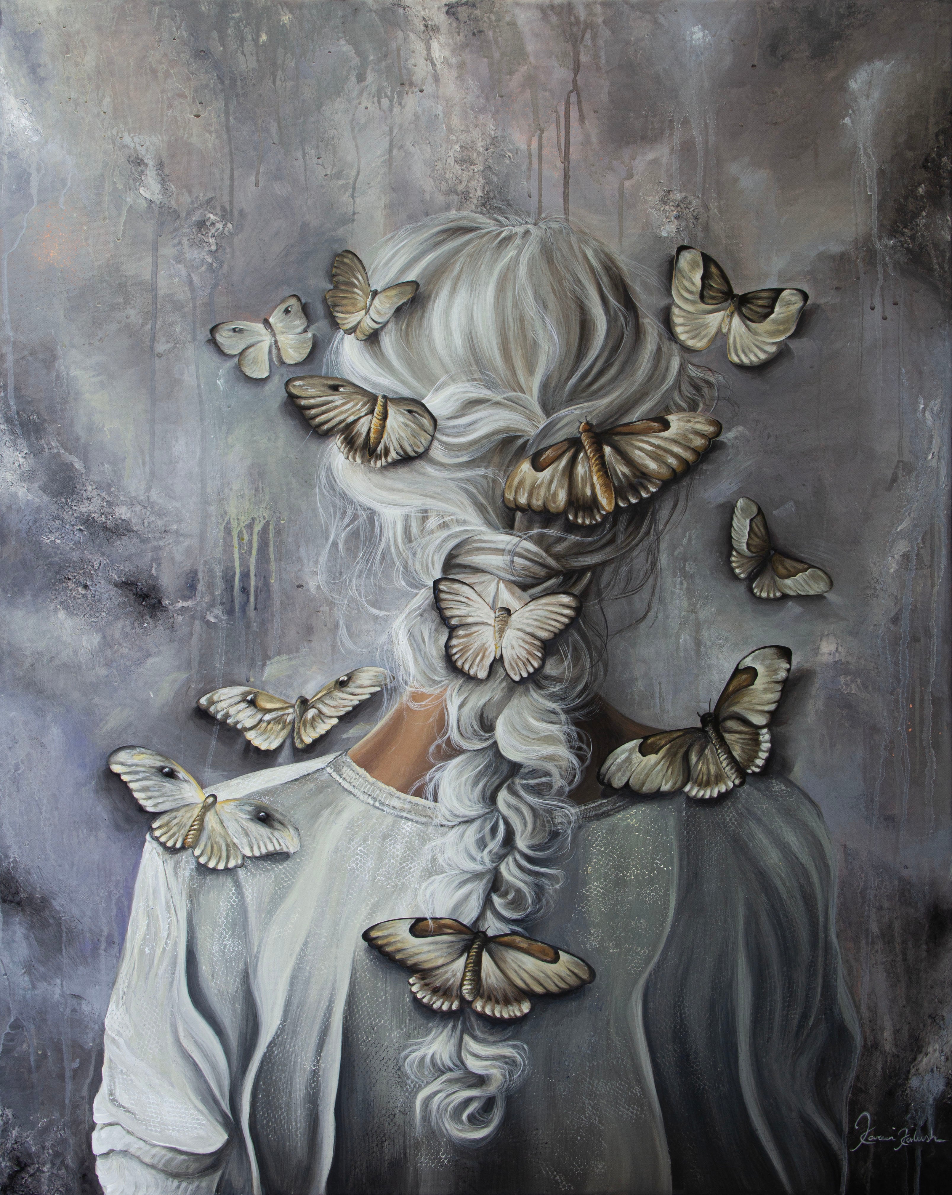 Memories, A surreal painting of a woman seen from behind with long white hair braid and multiple butterflies floating around her head and shoulders against a textured gray background