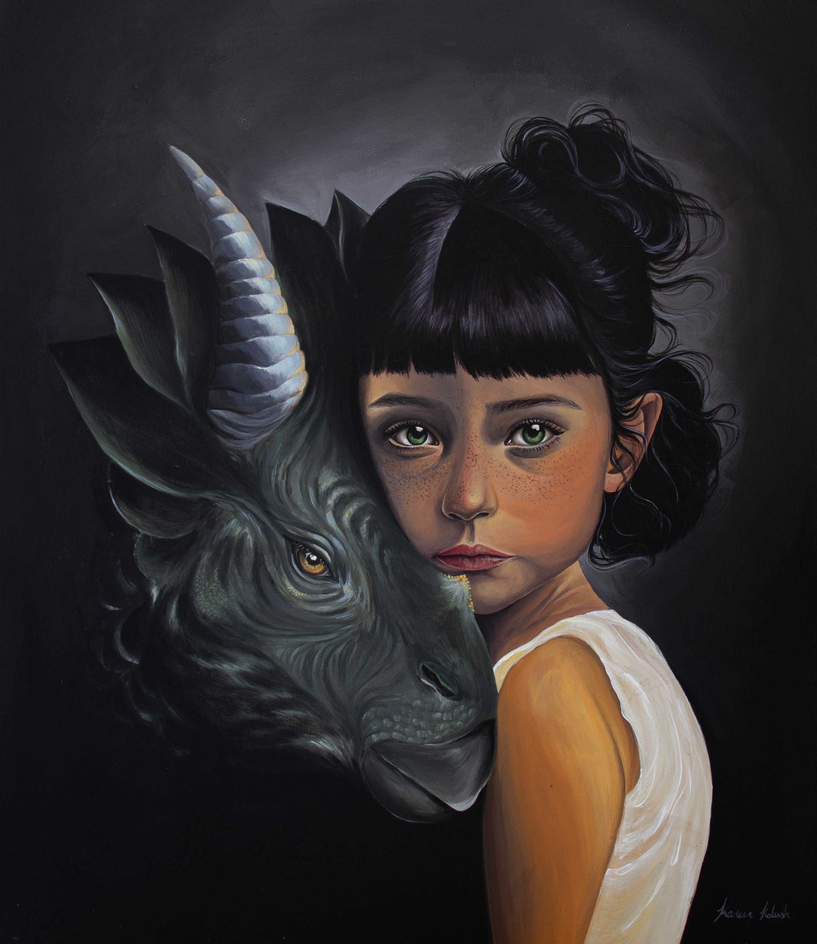 In the shadow of legends, acrylic painting by Kareen Kalush, showing A dark, painterly portrait of a young girl with black hair and bangs and green eyes, wearing a white sleeveless top, standing beside a large black horned animal head against a dark gray background.