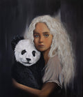Harmony of Innocence by Kareen Kalush, a portrait of a young woman with white curly hair embracing a giant panda against a dark background.