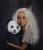 Harmony of Innocence by Kareen Kalush, a portrait of a young woman with white curly hair embracing a giant panda against a dark background.