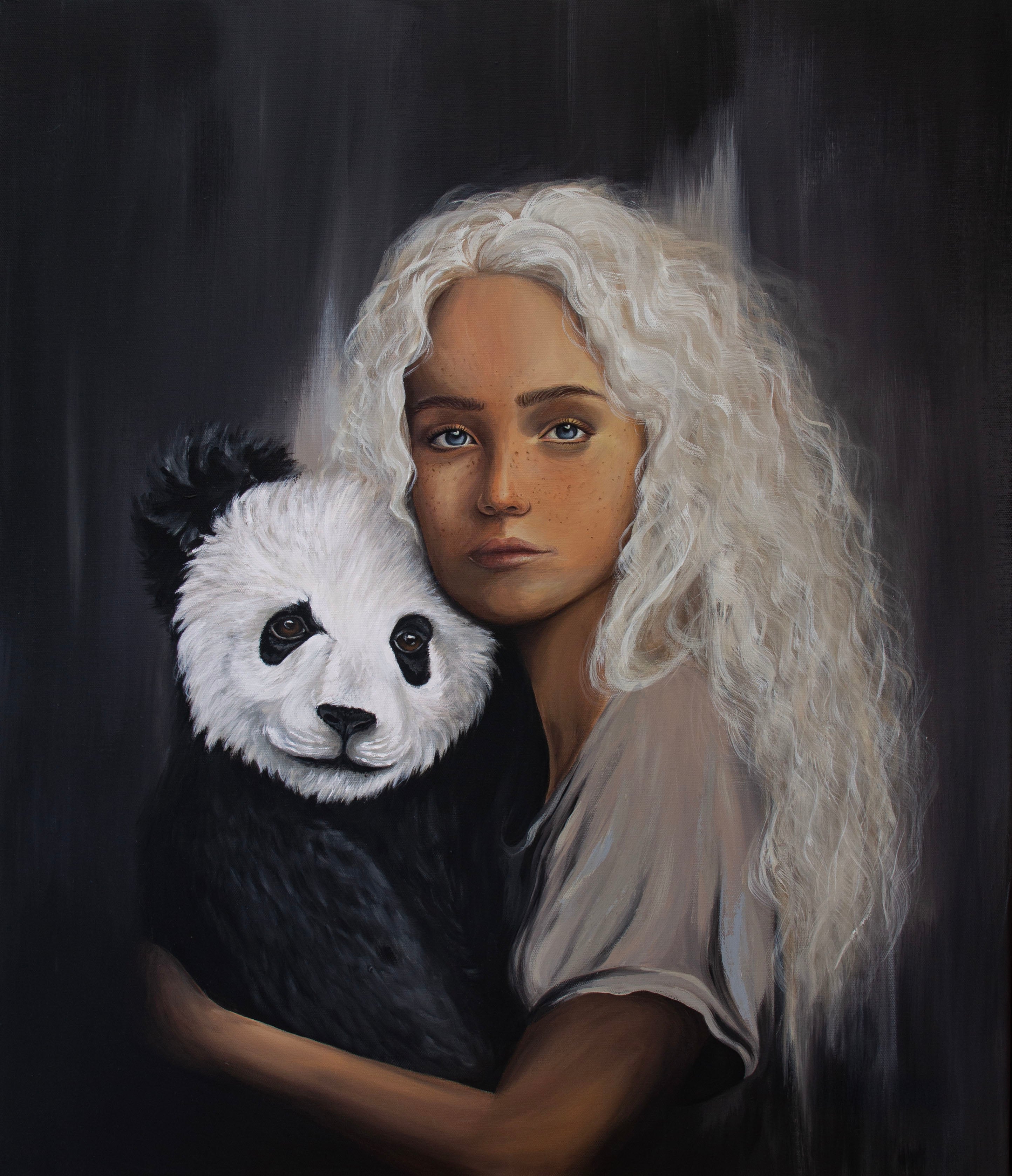 Harmony of Innocence by Kareen Kalush, a portrait of a young woman with white curly hair embracing a giant panda against a dark background.