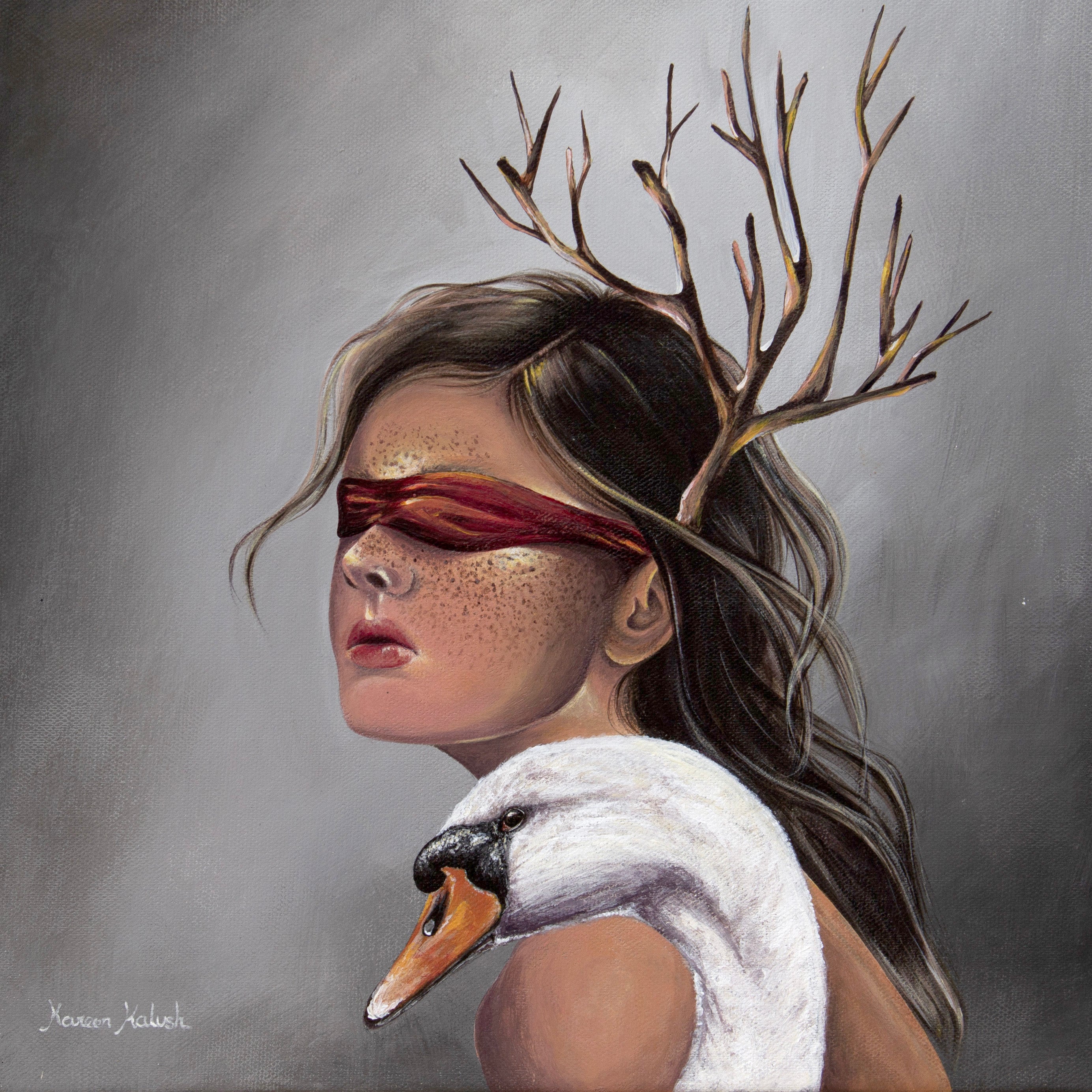 Anatomy of faith, an original painting painting of a woman in profile with a red blindfold, dark hair, antler-like branches on her head, and a white swan on her shoulder, set against a gray background.