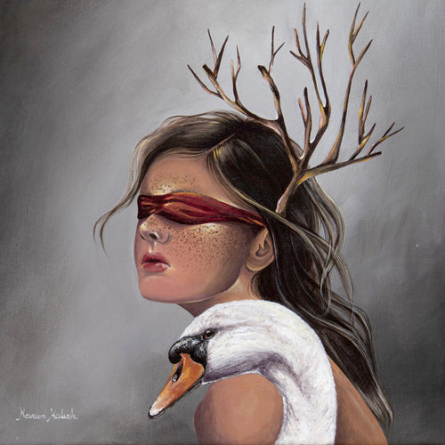 Anatomy of faith, an original painting painting of a woman in profile with a red blindfold, dark hair, antler-like branches on her head, and a white swan on her shoulder, set against a gray background.