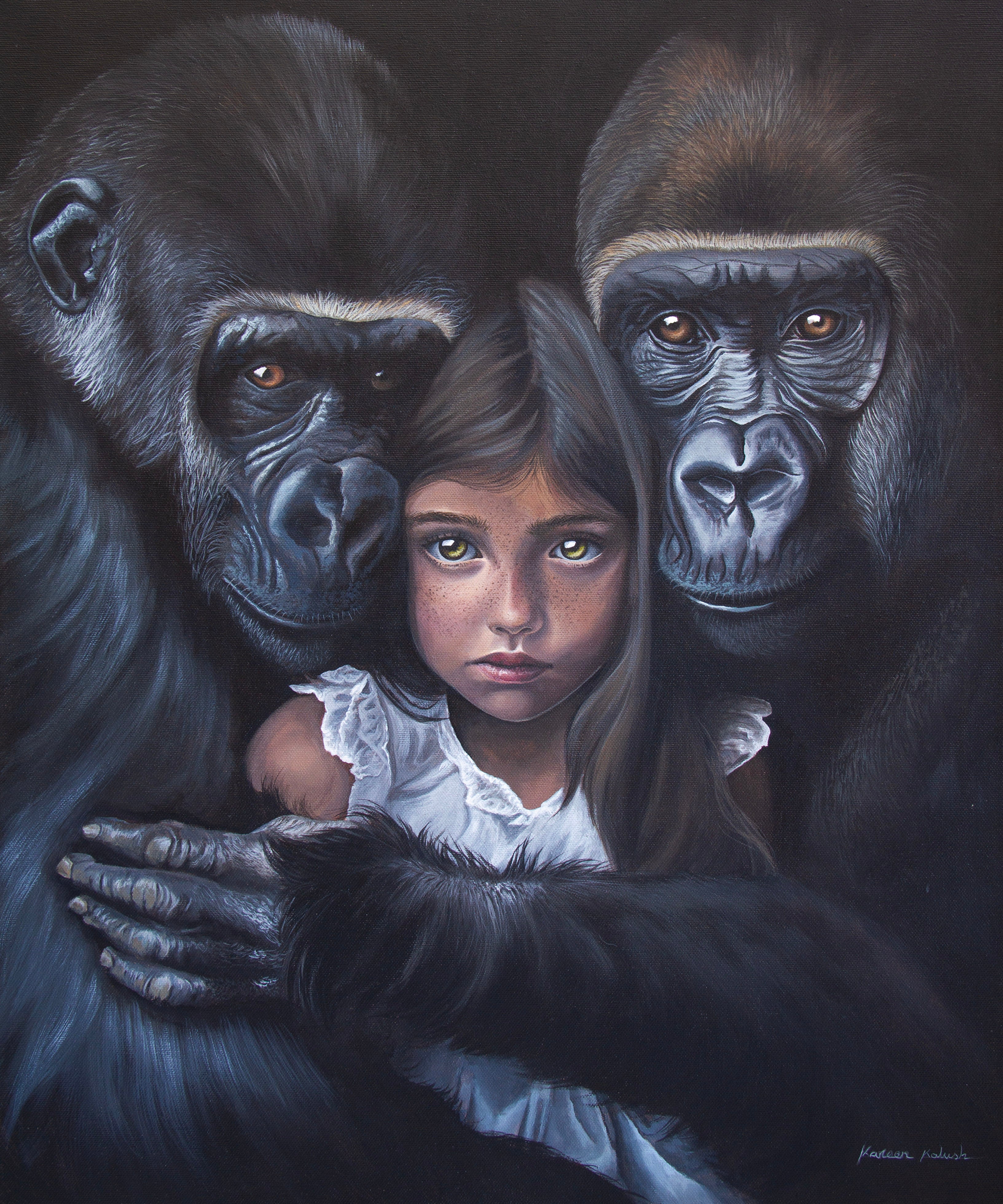 A dark, dramatic acrylic painting by Kareen kalush, painting showing two gorillas embracing a young girl in a white ruffled dress against a black background.