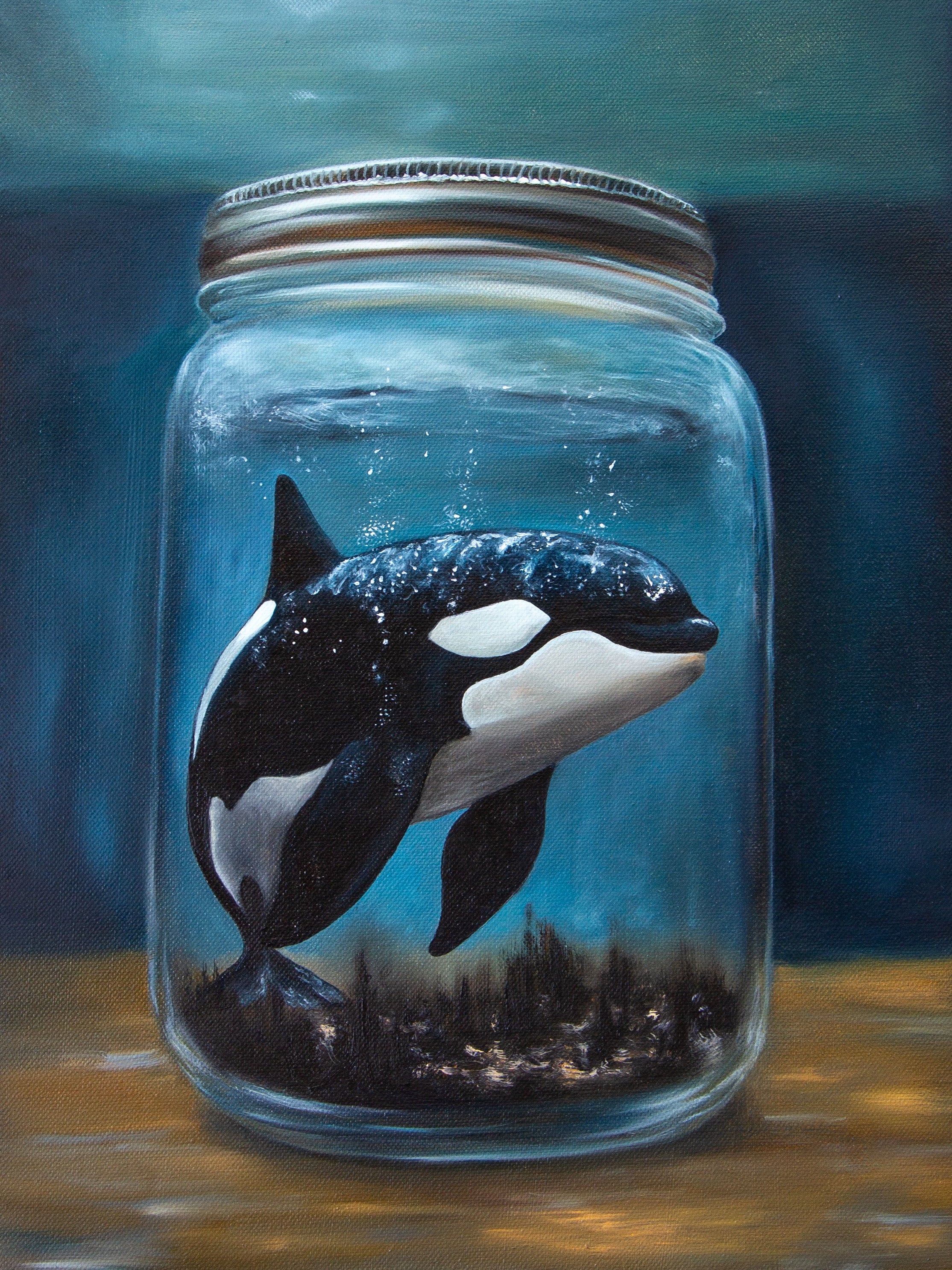 A painted artwork showing an orca swimming inside a clear glass mason jar underwater, with blue water, a gold-toned jar lid, and a dark seabed at the bottom. Oil painting by Kareen Kalush