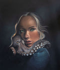 A surreal oil painting by Kareen kalush of a young woman with blonde hair, green eyes and freckles, holding a realistic octopus against her face, set against a dark moody background.