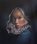 A surreal oil painting by Kareen kalush of a young woman with blonde hair, green eyes and freckles, holding a realistic octopus against her face, set against a dark moody background.