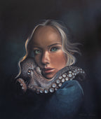 A surreal oil painting by Kareen kalush of a young woman with blonde hair, green eyes and freckles, holding a realistic octopus against her face, set against a dark moody background.