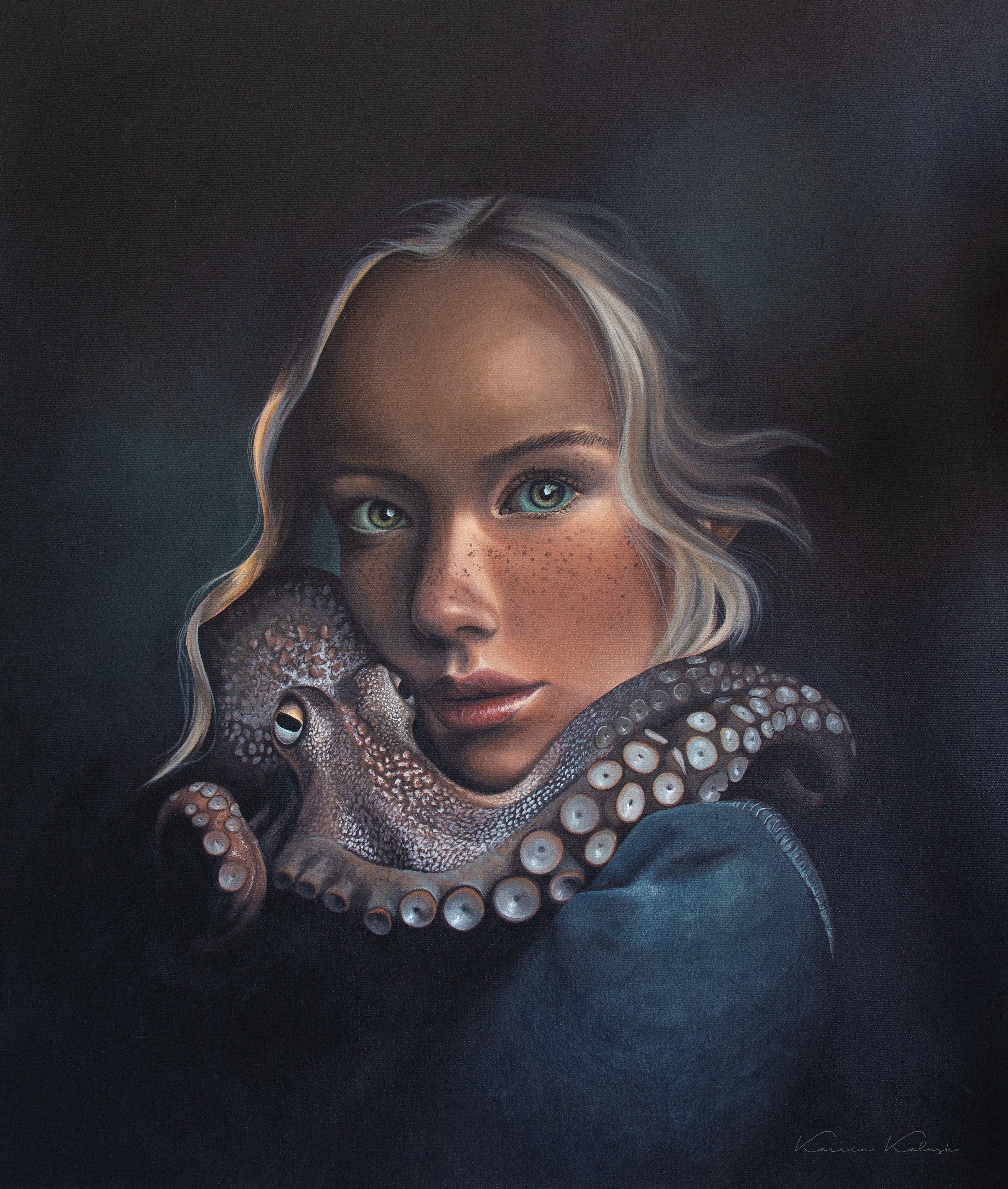 A surreal oil painting by Kareen kalush of a young woman with blonde hair, green eyes and freckles, holding a realistic octopus against her face, set against a dark moody background.