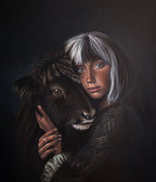 Earth and Spirit acrylic painting by Kareen Kalush, a portrait of a young woman with half black and half white hair embracing a muskox calf against a dark background.