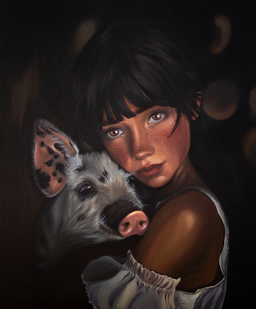 Anatomy of the soul, by Kareen Kalush, painting of a young girl with short black hair and freckles hugging a spotted piglet against a dark background.