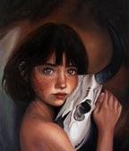 A painted portrait of a young girl with dark hair and freckles holding a white horned skull against a dark brown and black background. Acrylic painting by Kareen Kalush