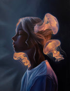 Ocean Bloom by Kareen Kalush, an original oil painting depicting a glowing orange jellyfish floating beside a woman beneath dark underwater tones.