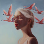 Oil painting by Kareen Kalush of A surreal portrait painting of a woman in profile with platinum-blonde hair, round tinted sunglasses, and several pink flamingos flying around her against a pale blue sky.