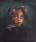 Breath in toxic air, painting by kareen kalush, showing a dark, painterly portrait of a young girl with red and white striped frogs on her head and shoulder against a smoky gray background.