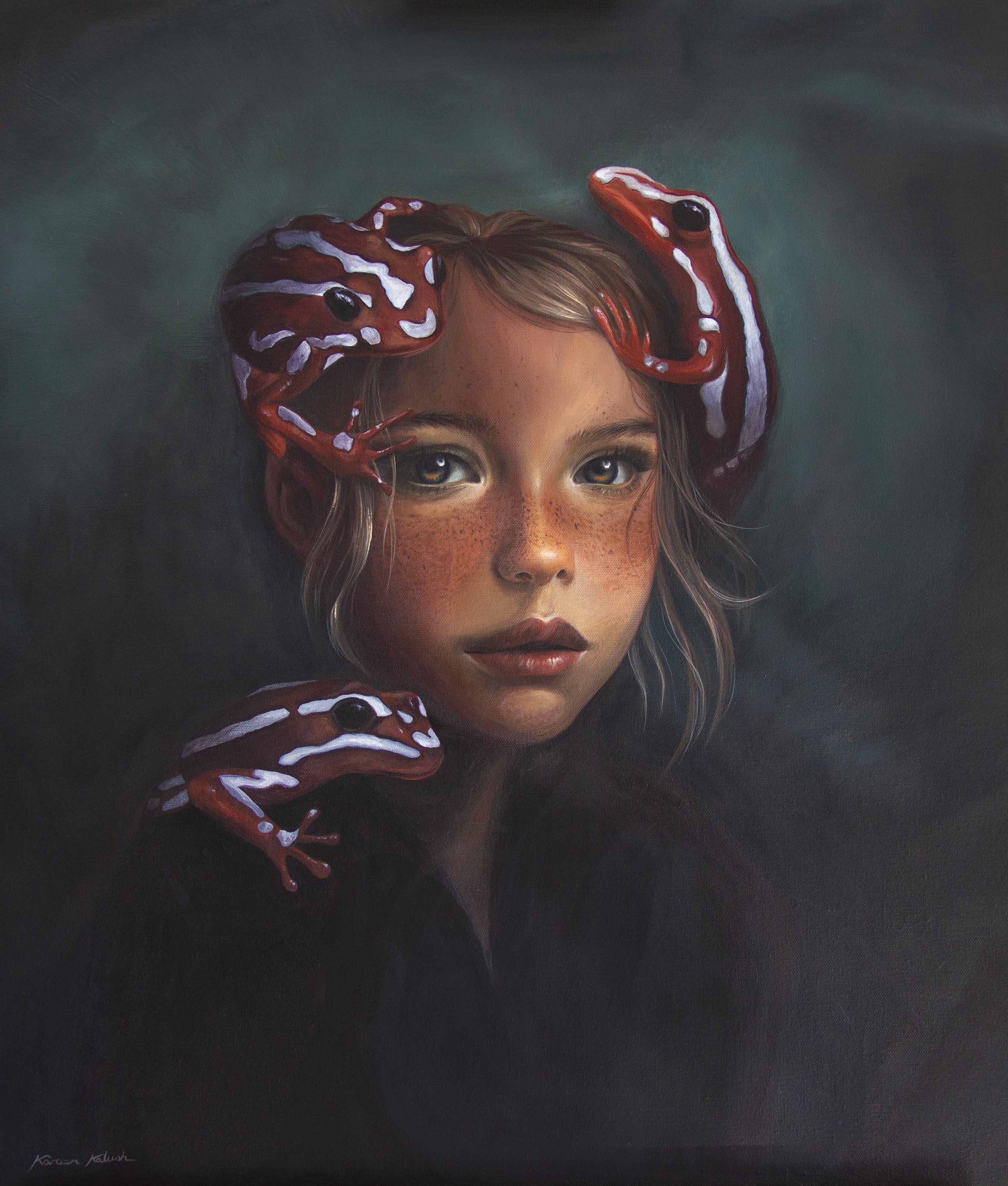 Breath in toxic air, painting by kareen kalush, showing a dark, painterly portrait of a young girl with red and white striped frogs on her head and shoulder against a smoky gray background.