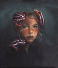 Breath in toxic air, painting by kareen kalush, showing a dark, painterly portrait of a young girl with red and white striped frogs on her head and shoulder against a smoky gray background.