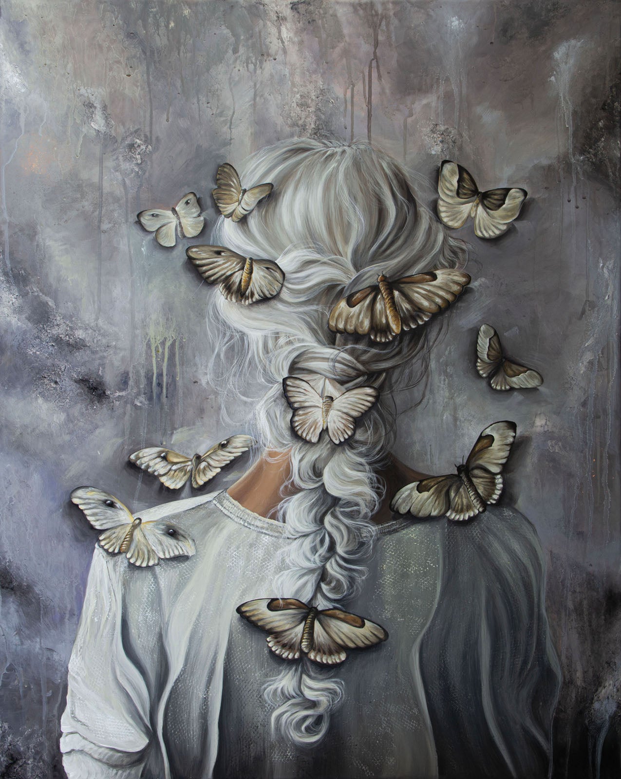 Memories, A surreal painting of a woman seen from behind with long white hair braid and multiple butterflies floating around her head and shoulders against a textured gray background