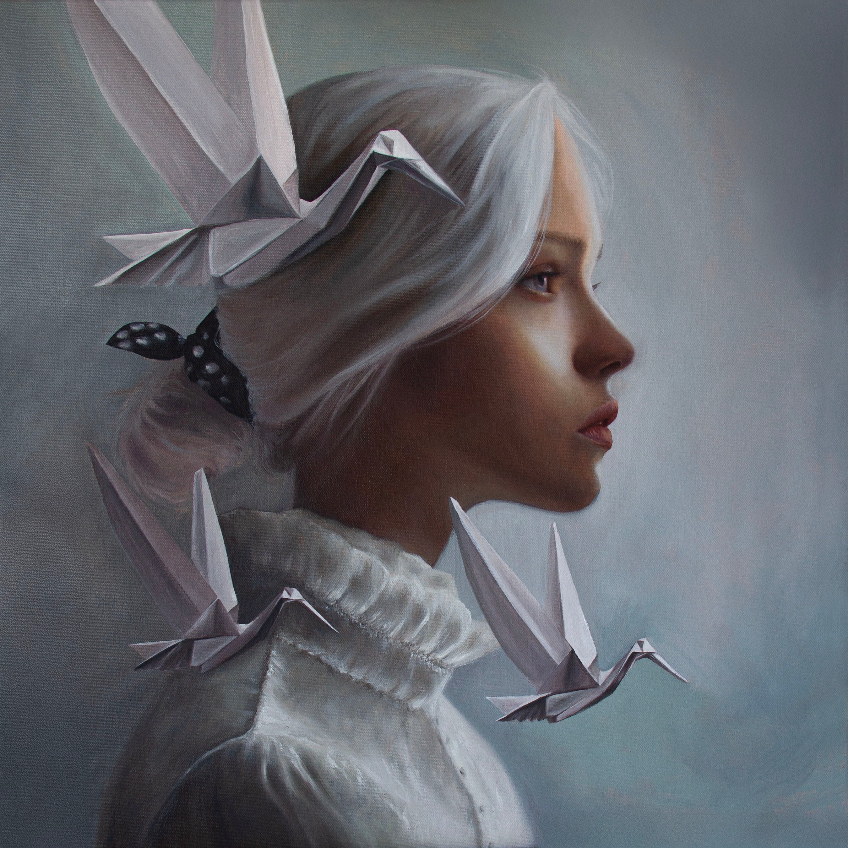 The Chaos I left behind, an original oil painting by Kareen Kalush showing a painted portrait of a young woman in profile with pale silver-white hair, wearing a white ruffled collar garment and several white origami cranes around her head and shoulders against a soft gray-blue background.