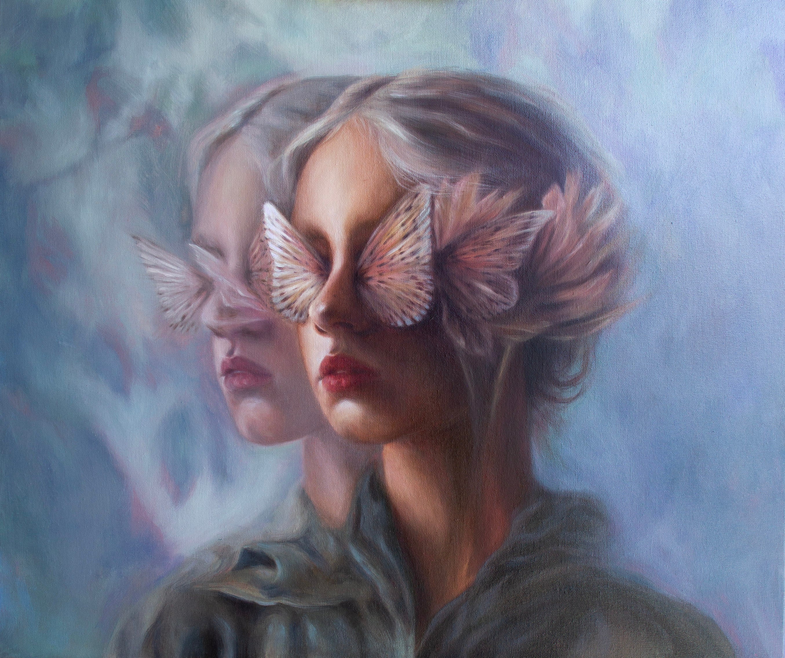 The Space Between, an original oil painting by Kareen Kalush showing a woman in profile with butterfly-like wings over her eyes, with a softer second figure behind her against a misty blue and lavender background.