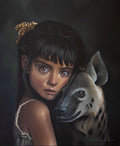 Two beasts one soul, original acrylic painting showing a dark, painterly portrait of a young girl with black hair and a leopard-print hair bow, leaning her head against a spotted hyena on a dark background.