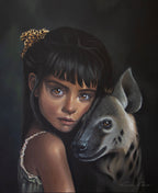 Two beasts one soul, original acrylic painting showing a dark, painterly portrait of a young girl with black hair and a leopard-print hair bow, leaning her head against a spotted hyena on a dark background.