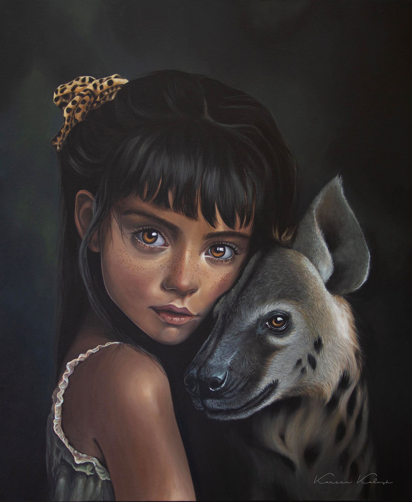 Two beasts one soul, original acrylic painting showing a dark, painterly portrait of a young girl with black hair and a leopard-print hair bow, leaning her head against a spotted hyena on a dark background.