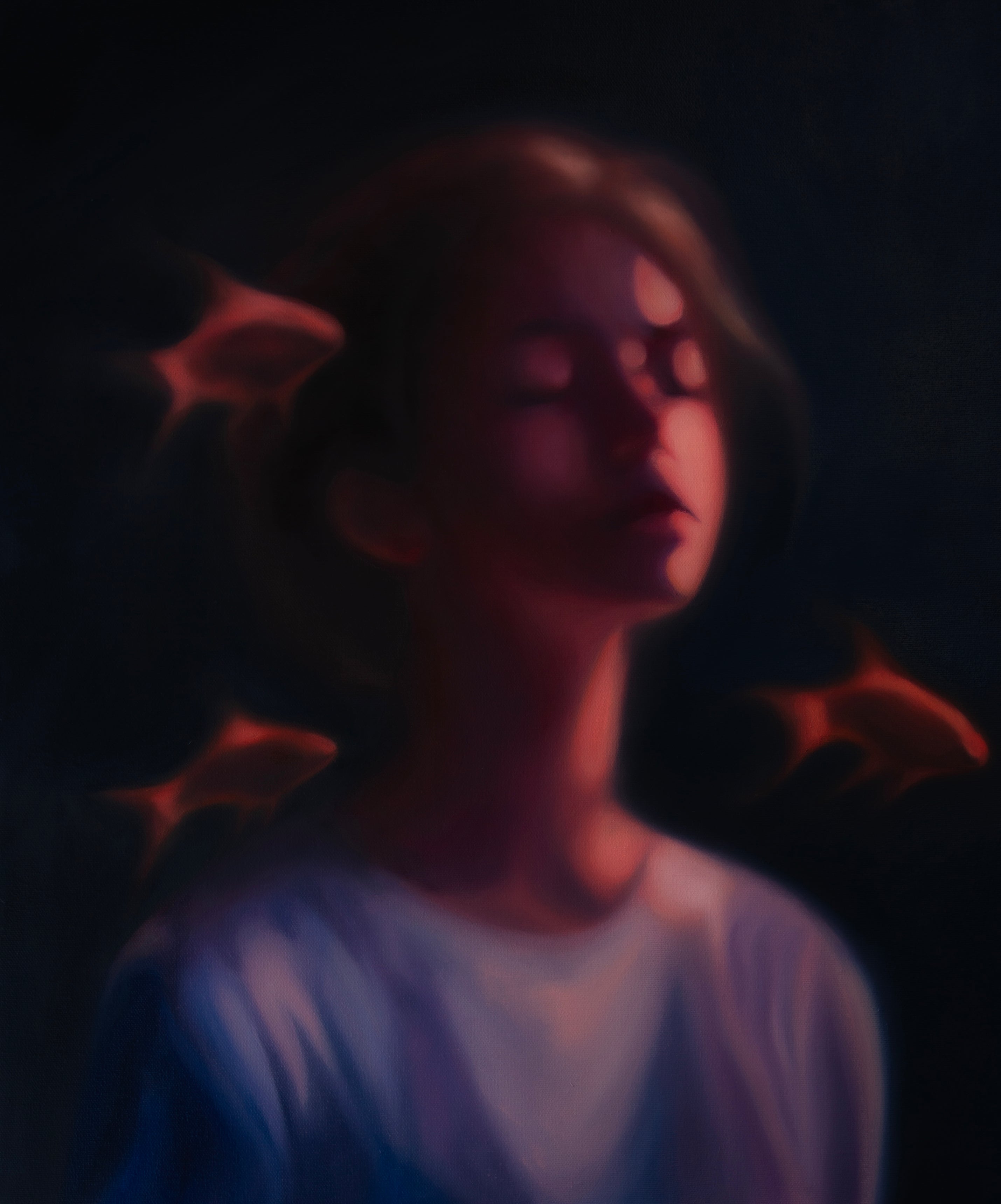 Fading Senses by Kareen Kalush, a softly blurred portrait of a woman with closed eyes in pink, purple, and blue tones, surrounded by small glowing orange fish-like forms.