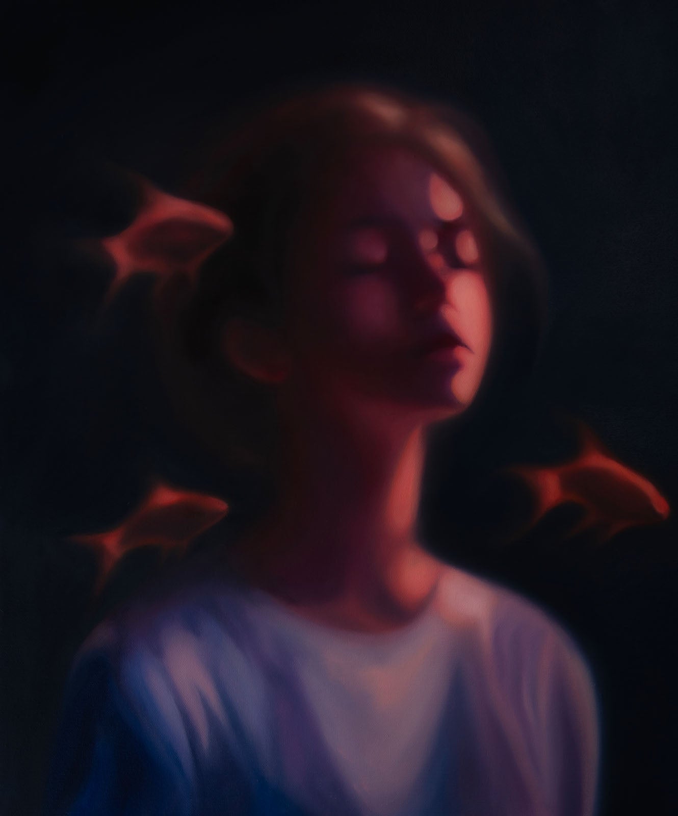 Fading Senses by Kareen Kalush, a softly blurred portrait of a woman with closed eyes in pink, purple, and blue tones, surrounded by small glowing orange fish-like forms.