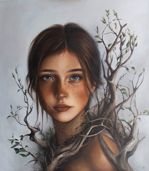 Bones by Kareen Kalush, a portrait of a young woman with freckles and green eyes, surrounded by symbolic tree branches against a soft gray background.