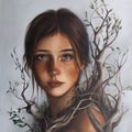 Bones by Kareen Kalush, a portrait of a young woman with freckles and green eyes, surrounded by symbolic tree branches against a soft gray background.