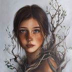 Bones by Kareen Kalush, a portrait of a young woman with freckles and green eyes, surrounded by symbolic tree branches against a soft gray background.