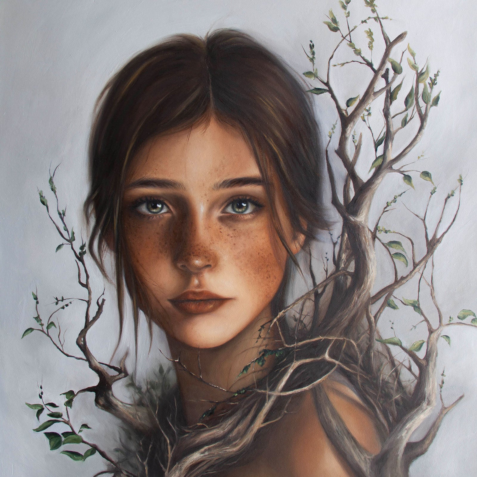 Bones by Kareen Kalush, a portrait of a young woman with freckles and green eyes, surrounded by symbolic tree branches against a soft gray background.